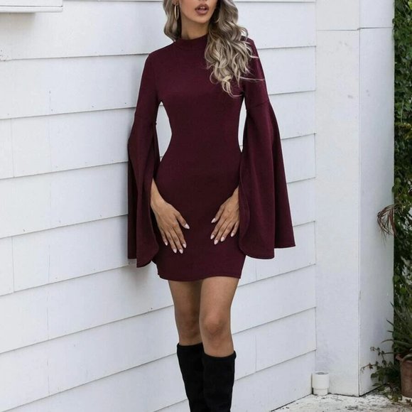 Women's Cloak Sleeve Bodycon Mini Dress - Picture 7 of 7